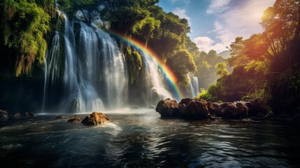 A majestic waterfall surrounded by vibrant rainbows in the mist of its cascade - obrazy, fototapety, plakaty