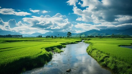 A serene river meanders through a rice field beneath a clear and sunny sky