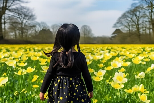 A young girl in a dress walks in a field of yellow flowers. Neural network AI generated art