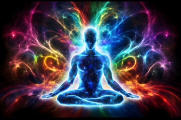 Human energy body, aura, chakra in meditation. Neural network AI generated art - obrazy, fototapety, plakaty