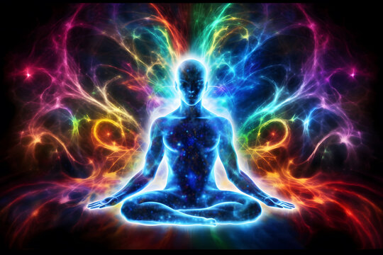 Human energy body, aura, chakra in meditation. Neural network AI generated art