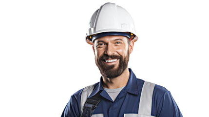 Happy smart engineer man smiling isolated without background.