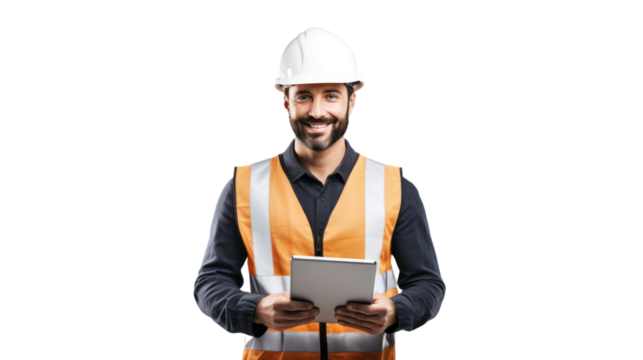 Happy smart engineer man smiling isolated without background.