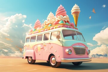 Fantasy and imaginative 3D ice cream truck, ice cream truck, ice cream advertisement