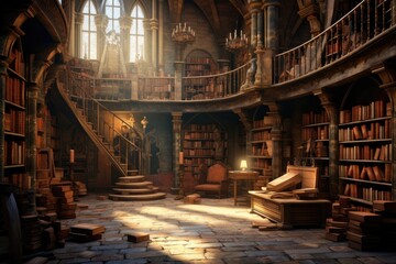 Magic library in fairy tales, ancient library, dreamy and imaginative library - obrazy, fototapety, plakaty