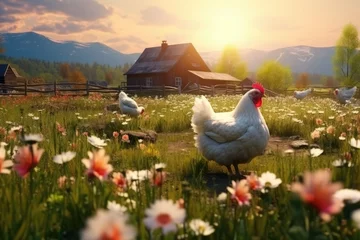 Foto op Canvas Beautiful spring chicken farm, spring outdoor chicken farm, dreamy farm life © Peng