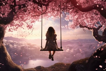 3D effect of dreamy rear view of girl sitting on swing, girl swinging on cherry blossom tree, girl in spring - obrazy, fototapety, plakaty