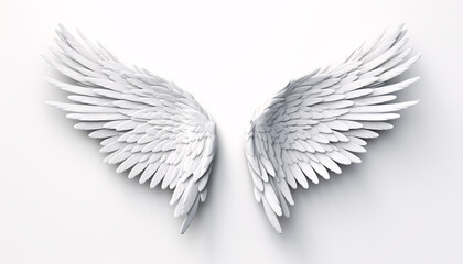 3D illustration of white angel wings on a minimalist background, symbolizing purity, peace, or memorial concepts.