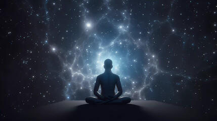 Sillhouette of men meditating in a lotus position, surrounded by swirling galaxies and constellations, representing the connection between inner peace and the vastness of the universe.