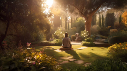 Back of women practicing meditation yoga in the garden.healthy mind wellbeing and wellness concept. - obrazy, fototapety, plakaty