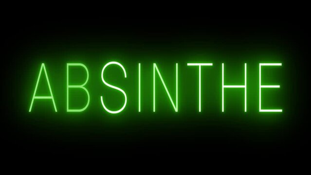 Flickering green retro style neon sign glowing against a black background for ABSINTHE