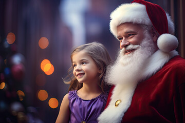 Beautiful girl wearing a princess dress, with Santa Claus, Father Christmas, Saint Nicholas, Saint Nick, Kris Kringle, in red suit and hat.  Cute, adorable, happy, laughing, joyous, love.