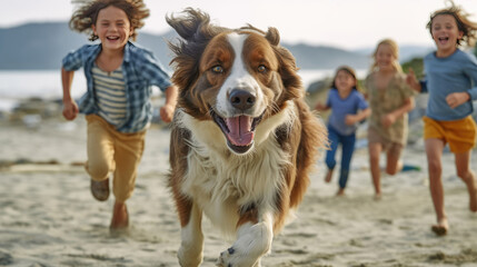A happy dog running on the beach with Happy Children