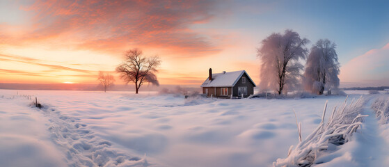 Amidst a winter wonderland, a quaint house stands alone in a snowy field, framed by a colorful sunrise and surrounded by frozen nature