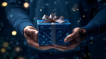 A winter-clad person eagerly presents a blue gift box amidst a festive christmas tree, showcasing their impeccable nail art with a graceful hand