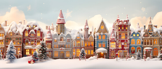A tranquil winter wonderland, with snow-covered houses nestled under a frosty sky, adorned with a majestic christmas tree and frozen outdoor scenery