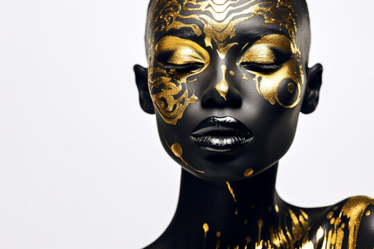 Portrait of beautiful african woman with gold art on face