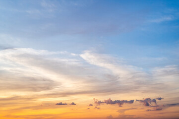 Panoramic beautiful colorful golden hour twilight sky. Beautiful cloud and sky nature background in...