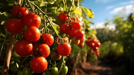 Obraz premium Fresh tomatoes hanging in the bush, tomatoes garden