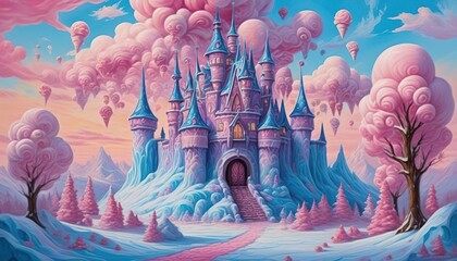 3D rendering of a fairy tale castle with cotton candy clouds. - obrazy, fototapety, plakaty
