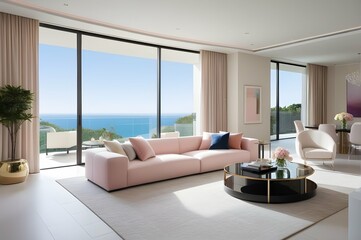 Luxurious pastel accents meet modern simplicity in an elegantly designed interior.

