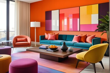 An inviting, color-infused lounge area radiating warmth and contemporary charm.

