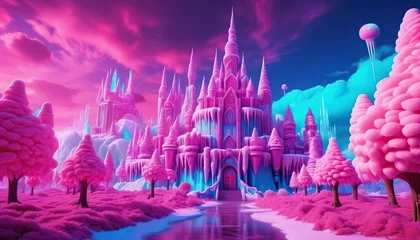 Fotobehang 3D rendering of a fairy tale castle with cotton candy clouds. © Badr