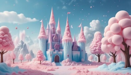 3D rendering of a fairy tale castle with cotton candy clouds. - obrazy, fototapety, plakaty