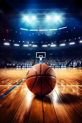 realistic photography of a basketball stadium, ball, basket, supporter, first person perspective, design for poster social media template