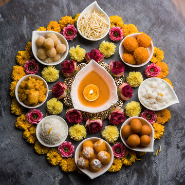 Diwali Rangoli made using Diya/oil lamp, flowers and plate full of Gulab Jamun, Rasgulla, kaju katli, morichoor / Bundi Laddu, Gujiya or Karanji