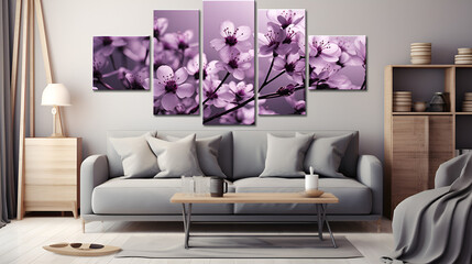 Framed Wall Art Featuring Pink Cherry Blossom.modern living room interior.AI Generative 