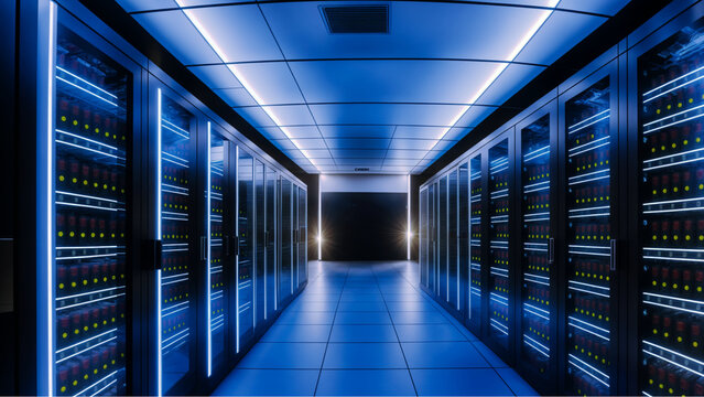 A panoramic view of a data center filled with rows of servers, bathed in a soft, cool light.