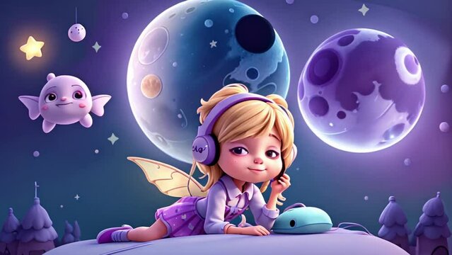 breathing animation, Kids lullaby cartoon sleeping on moon, looped video background