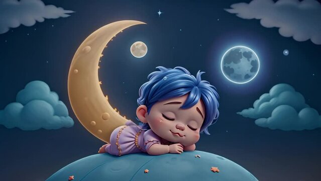 breathing animation, Kids lullaby cartoon sleeping on moon, looped video background