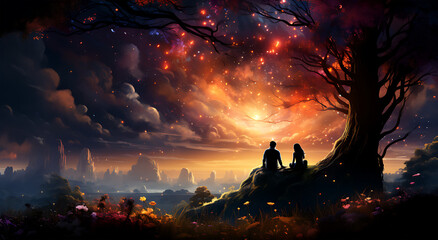 A couple sits in flower garden looking at the beautiful stars with the lights pointing up at the sky - Powered by Adobe