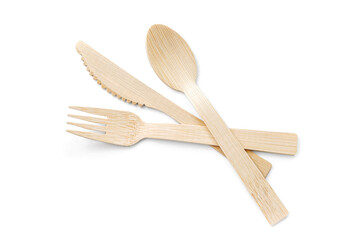 Set of silverware fork knife spoon. Bamboo wood biodegradable recycled materials.