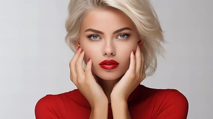 Foto op Plexiglas Beautiful blonde girl showing red manicure nails and red lips. Woman Makeup, beauty and cosmetics concept. Copy space, International women day, Valentine day, Mother day © Viktorikus