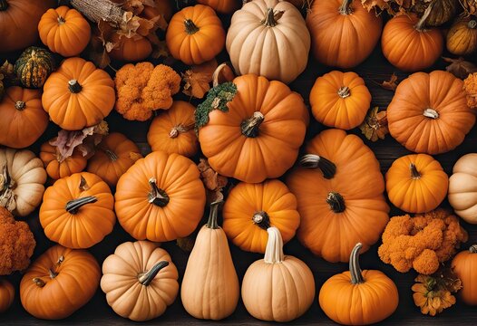 Large Collection of Different Pumpkin Varieties in Rustic Setting for Fall and Thanksgiving stock photoThanksgiving - Holiday, Backgrounds, Pumpkin, Autumn, Table