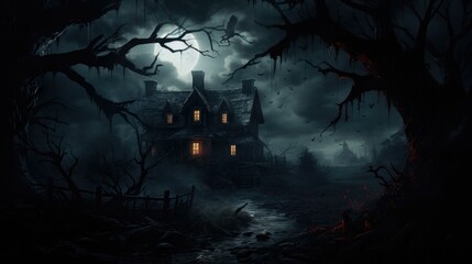 Haunted house in the dark forest with trees and moonlight. Generative AI.
