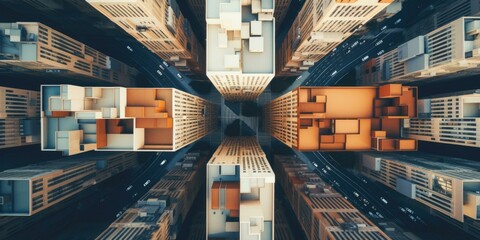 An aerial view of skyscrapers in a city. Generative AI.