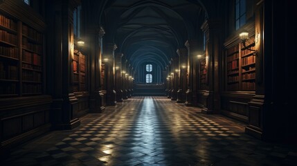 A long hallway with bookshelves and windows. Generative AI.