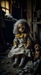 Obraz premium An old doll sits in a room with other items. Generative AI.