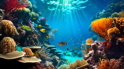 Tropical coral reef in the red sea. Sea world under water background. Beautiful view of sea life. Ecosystem. Generative AI