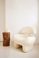 Aesthetic artsy interior design vignette with white designer armchair and teak wood accents