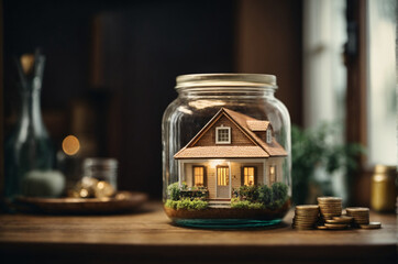 Money-saving concept of a house in a jar to save money