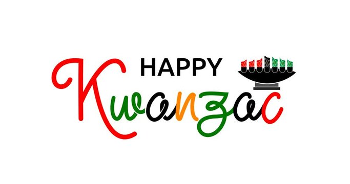 Happy Kwanzaa text animation with alpha channel. Handwritten calligraphy with seven candles and a Kinara holder. Great for celebrations, greetings, and events through text animation on your content