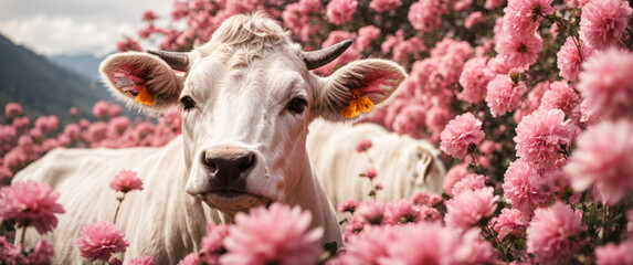 a cow in the middle of a field of pink flowers