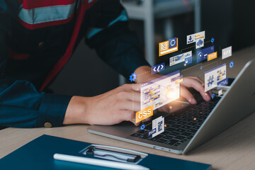 Computer programming, developing software with computer engineering. Professional programmer working writing code for website with multiple program. technology and computer engineering concept.