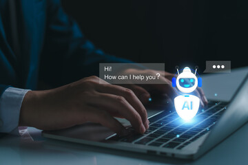 Chat robot ai assistant concept. Businessman show command prompt to smart ai chatbot. Modern technology ai or artificial intelligence service business analysis. Futuristic technology transformation. - obrazy, fototapety, plakaty