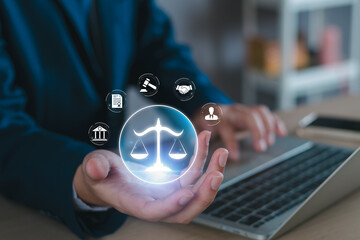 Legal advice online digital, labor law concept. Attorney, business, finance, intellectual property. Legal advisor, corporate lawyer, attorney service. Laws, justice, protection and regulations. - obrazy, fototapety, plakaty
